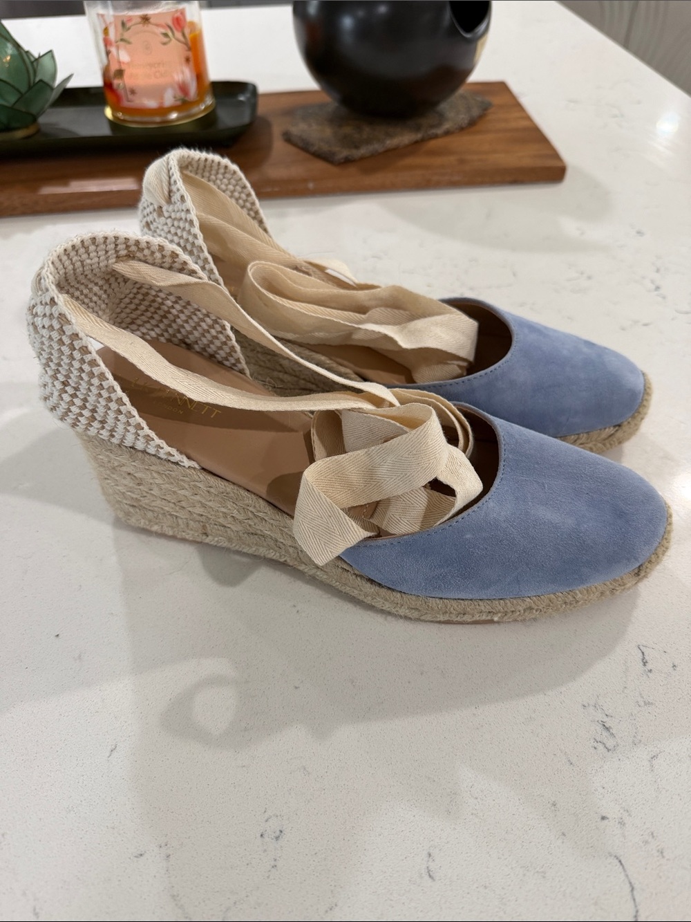 LK Bennett Light Blue Suede Espadrille Wedge Sandals with Cream Ankle Ties
